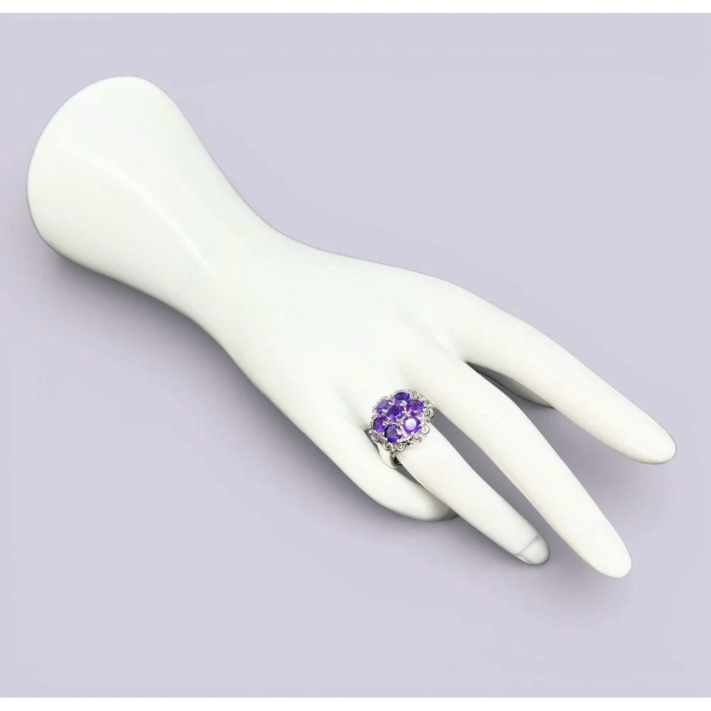 Sterling Silver‎ STS Karis Purple Gemstone Cluster Filigree Statement Ring 6.75